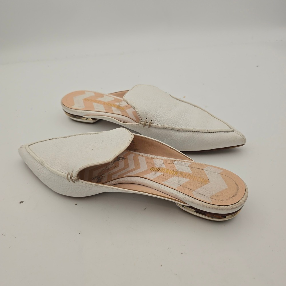 Nicholas Kirkwood Beya 37/6.5 White Leather‎ Pointy Toe Mules Gold Detail Slides